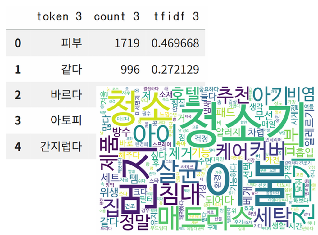 TF-IDF 상위 토큰 표와 워드클라우드