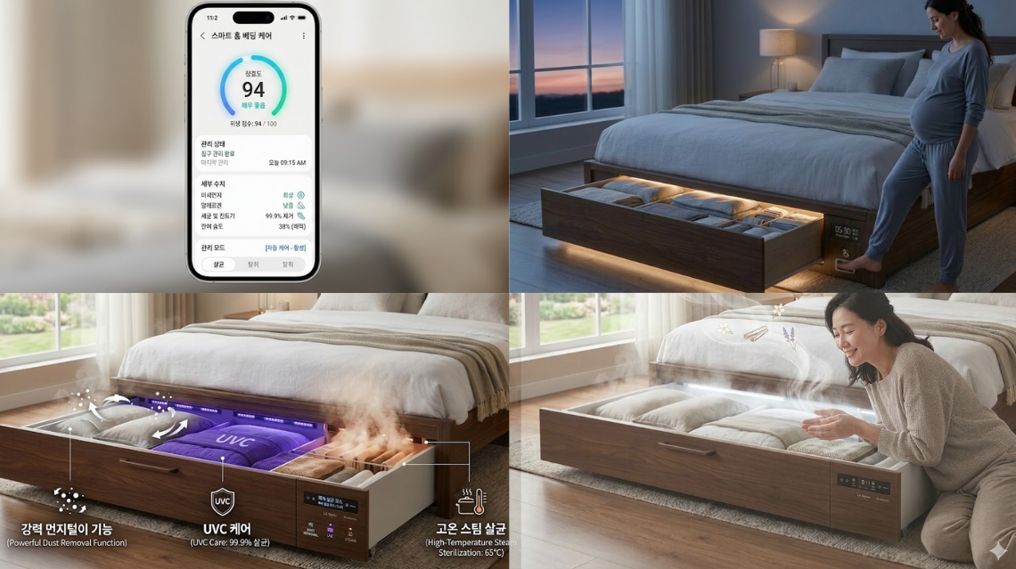 스마트 홈 베딩 케어 앱 UI(청결도 리포트)와 UVC 케어·고온 스팀 살균·향기 케어 제품 렌더링