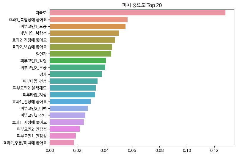 랜덤포레스트 피처 중요도 Top 20 바 차트