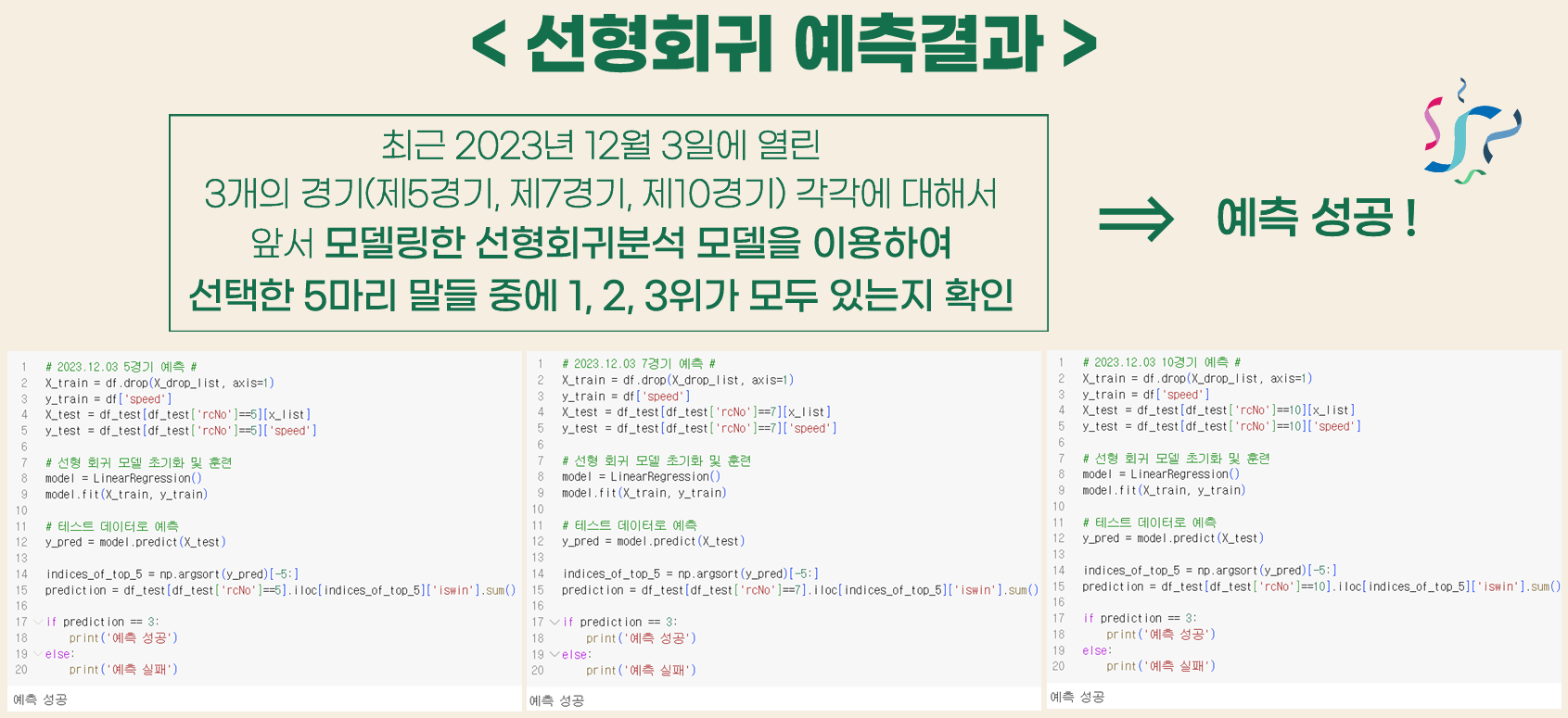 2023년 12월 3일 3개 경기에 대한 선형회귀 예측 코드와 예측 성공 결과