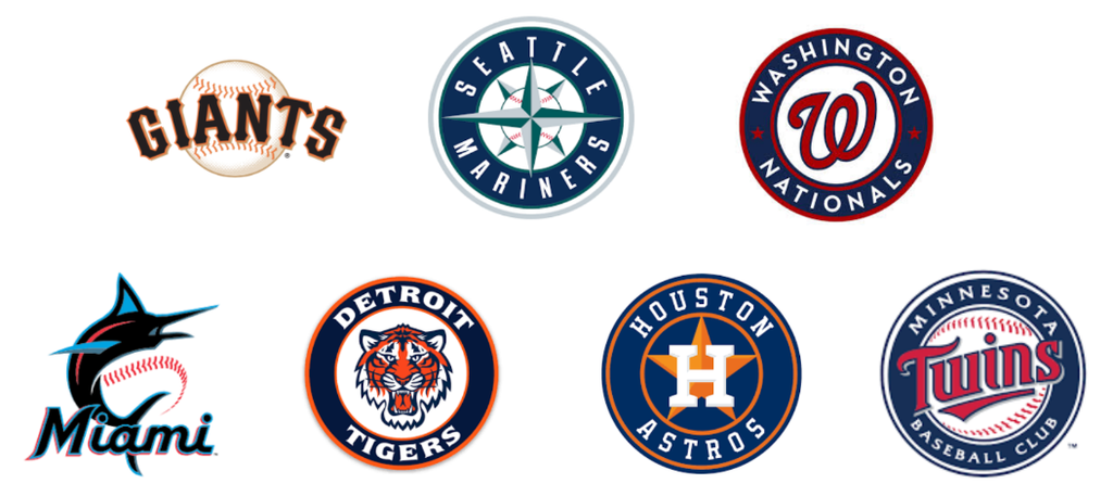 분석 대상 7개 MLB 팀 로고 — Giants, Mariners, Nationals, Marlins, Tigers, Astros, Twins