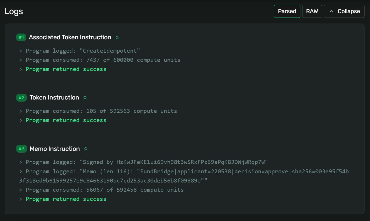 Solana Explorer 로그 — Memo Instruction에 기록된 FundBridge 판정 근거 SHA-256 해시